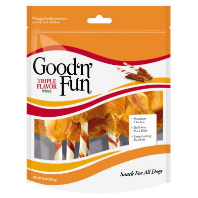 Good 'N' Fun Triple Flavor Wings Dog Treats Chicken Pork & Rawhide 12 oz.